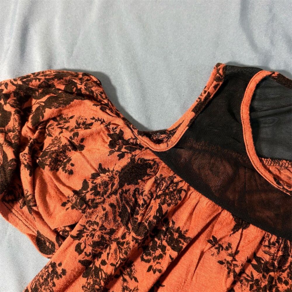 Try! This Women Floral Cold Shoulder Mesh Yoke Top Burnt Orange Black Large - Picture 5 of 8